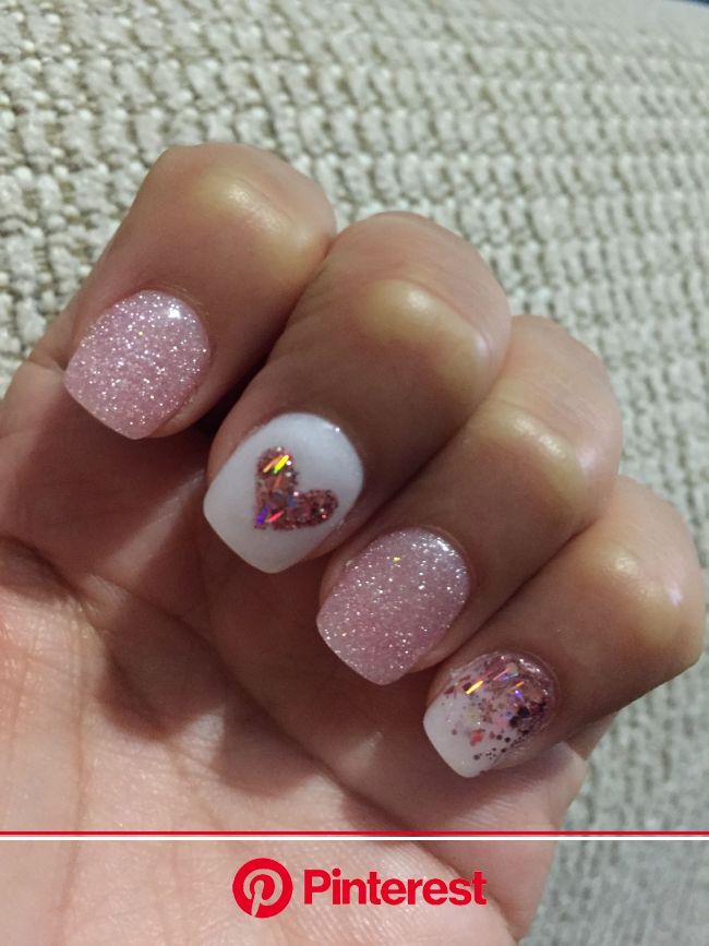 Pink glitter heart nails | Valentines nails, Heart nails, Nails